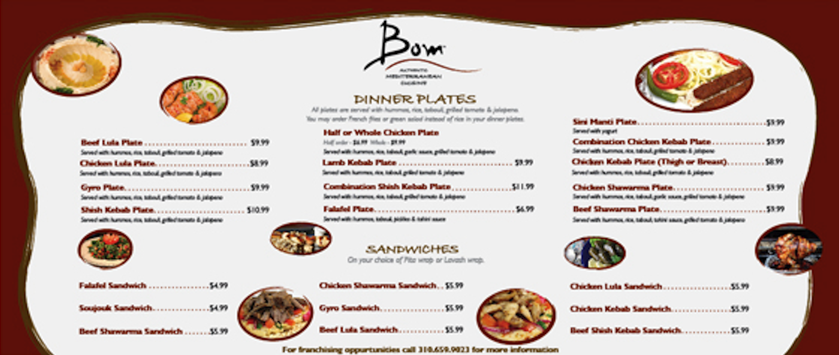 Bom Mediterranean Menu Overhead Restaurant Menu