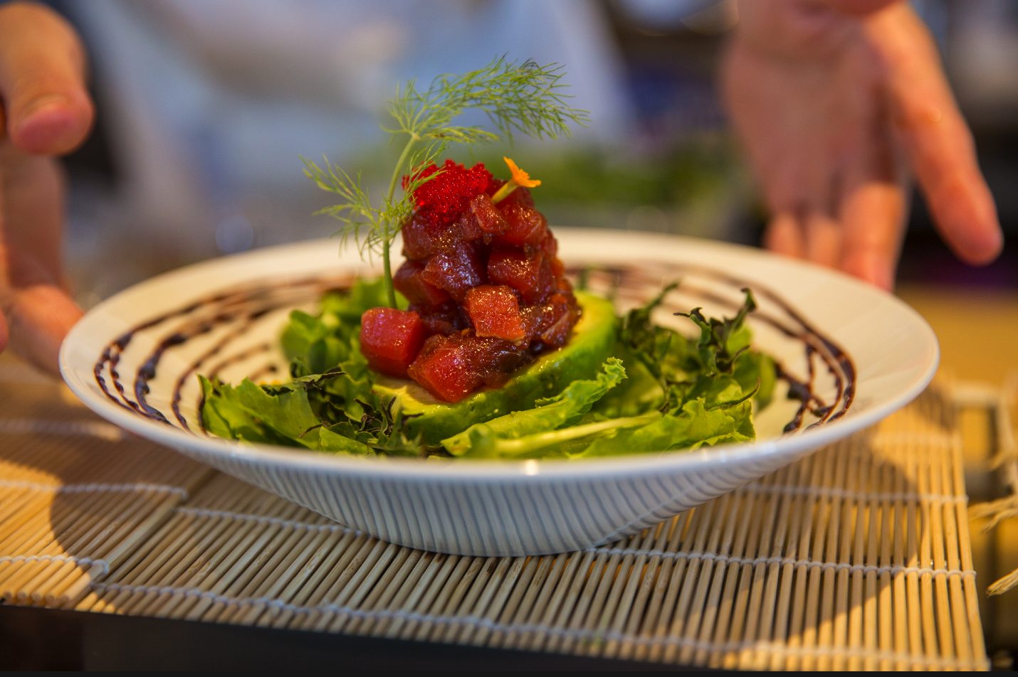 Chef serving ahi poke tuna Restaurant Photoshoot