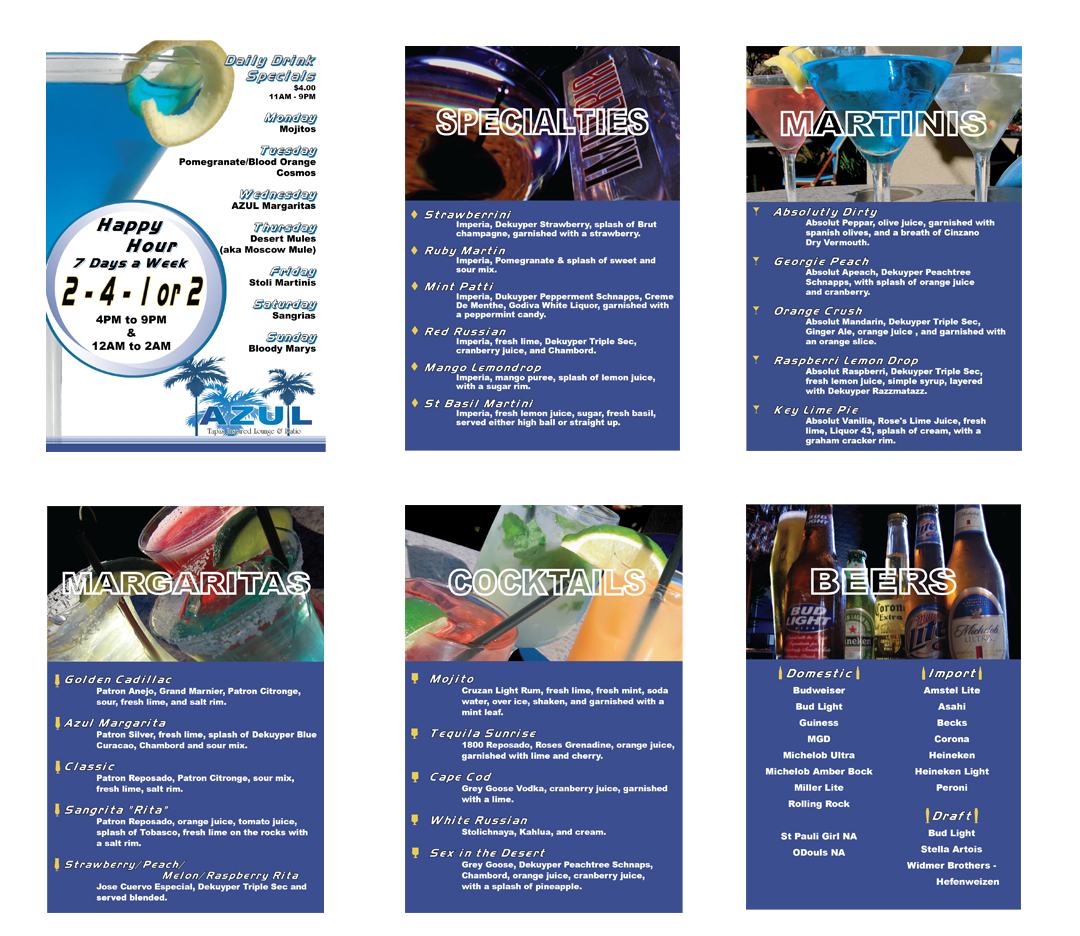 Azul Palm Springs Drink Menu Photography and menu layout and design
